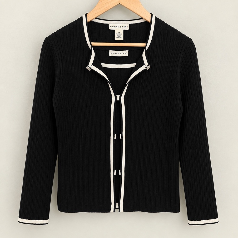 Doncaster Silk Blend Ribbed Knit Cardigan &Tank Twin Set Black Large Office